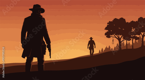 Silhouette of two cowboys in a dramatic Western landscape at sunset