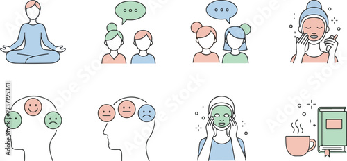 Mental Health and Mindfulness Icons Set Line Art Illustration