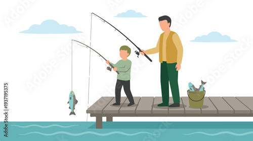 Father and son fishing on a wooden pier, enjoying outdoor recreation