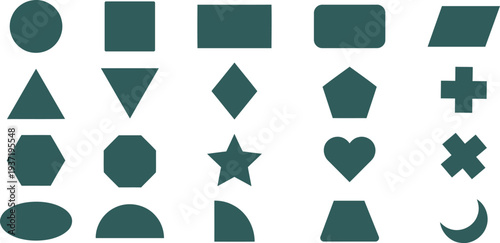 Collection of various geometric shapes in dark green color on white background for design and educational purposes  simple solid icons