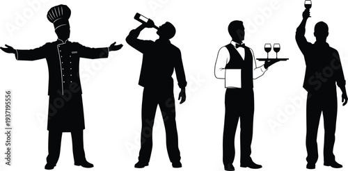 Chef, Waiter and Sommelier Silhouettes Set, Restaurant Staff Serving Wine and Food Hospitality Workers Collection Isolated on White Background Vector Illustration