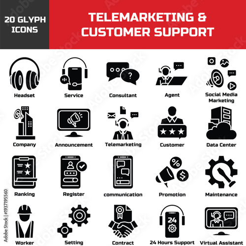 Telemarketing and Customer Support Glyph Icon Set Solid Call Center Communication Service Collection