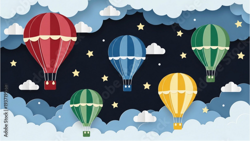 Colorful hot air balloons floating in the night sky with stars and clouds