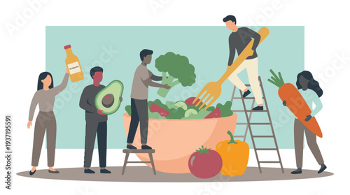 Diverse Group of People Preparing a Large Healthy Salad Together