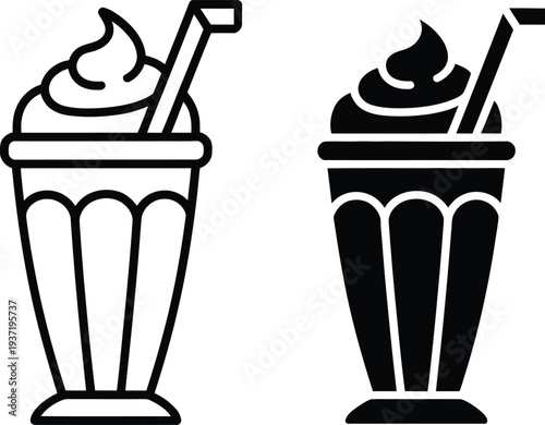 Delicious frosty milkshake or refreshing cold beverage with whipped cream and a straw in a tall glass, presented as a versatile outline and solid glyph vector icon for menus, mobile apps, or web desig