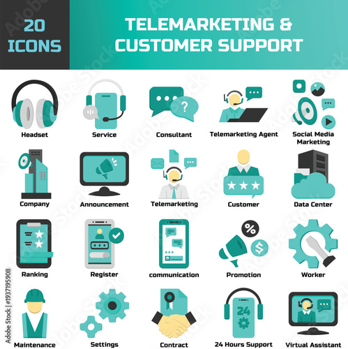Telemarketing and Customer Support Icon Set Green Flat Design Call Center Communication Service Collection