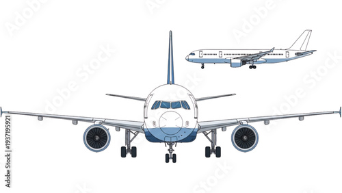 Airplanes flying in formation, one viewed from front, the other from side, on a white background, illustrated graphics, aerial view