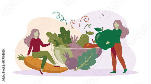 Women promoting healthy eating with fresh fruits and vegetables