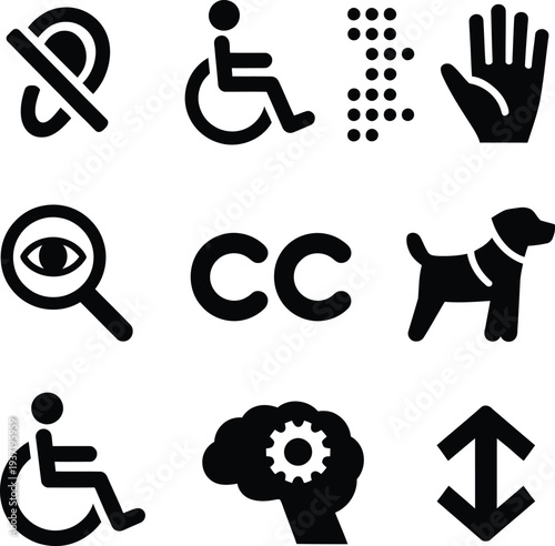 A comprehensive set of essential digital accessibility and user interface icons for web design, applications, and general informational graphics, ensuring inclusivity and clarity in modern communicati