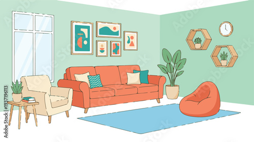 Modern Minimalist Living Room Interior Design with Sofa and Plants