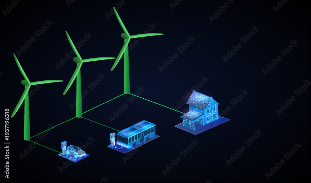 Obraz premium Wind turbines stand tall, producing energy that connects to a house and electric vehicles. The scene shows a digital layout of energy flow from turbines to homes and transport.