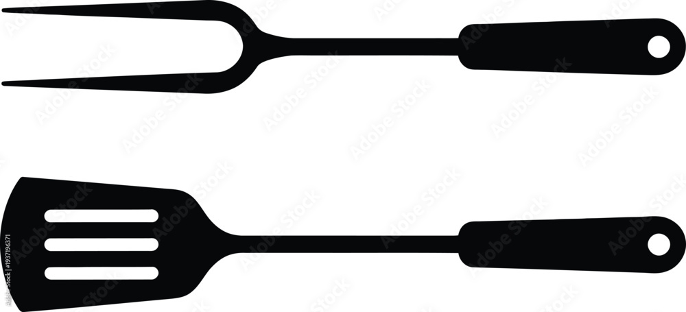 Εκτύπωση καμβά Barbecue grill utensils including a fork and spatula for outdoor cooking and food preparation activities with a simple black design