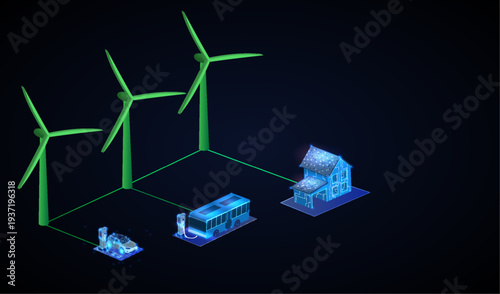 Wind turbines stand tall, producing energy that connects to a house and electric vehicles. The scene shows a digital layout of energy flow from turbines to homes and transport.
