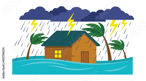 House with palm trees in a natural disaster: heavy rain, lightning, and flood