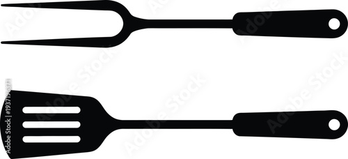 Barbecue grill utensils including a fork and spatula for outdoor cooking and food preparation activities with a simple black design.