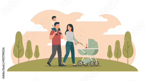 Family enjoying a walk in the park with children and baby stroller