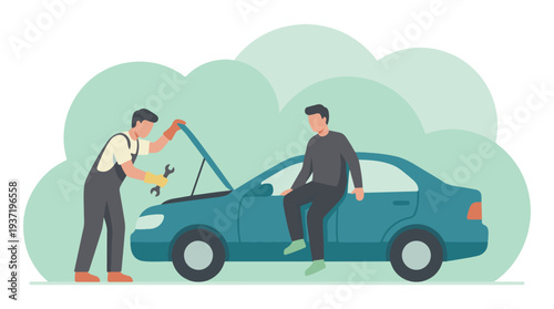 Professional mechanic repairing car engine for a waiting client