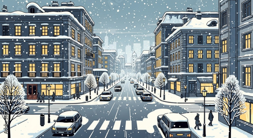 Snowy Urban Street Scene with Buildings and Pedestrians.