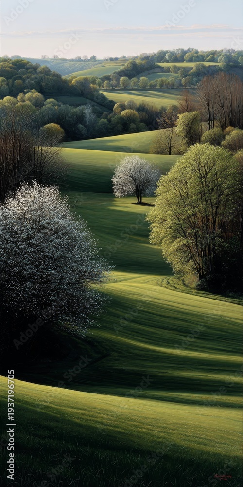 Serene rolling hills adorned with blossoming trees