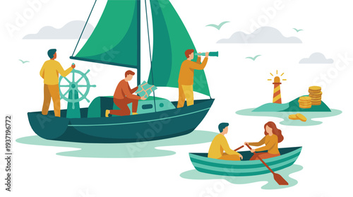 Business team navigating by sailboat and rowboat towards financial success