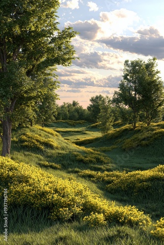 Golden fields bloom under a bright sky at sunset