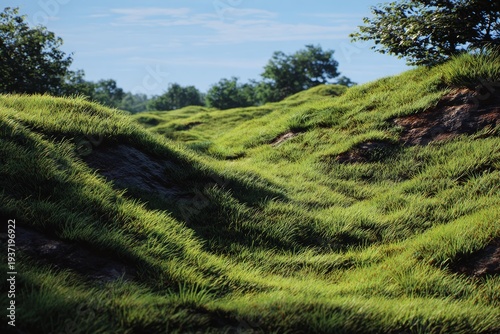Vibrant green hills roll under a clear blue sky