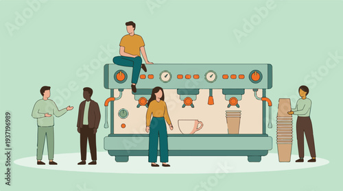 Diverse group of people interacting around a large coffee machine illustration
