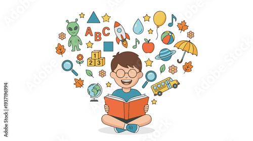 Happy boy reading book with educational and imagination symbols around him