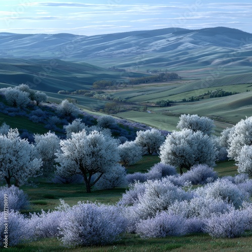 Blossoming hills under a tranquil sky of dawn