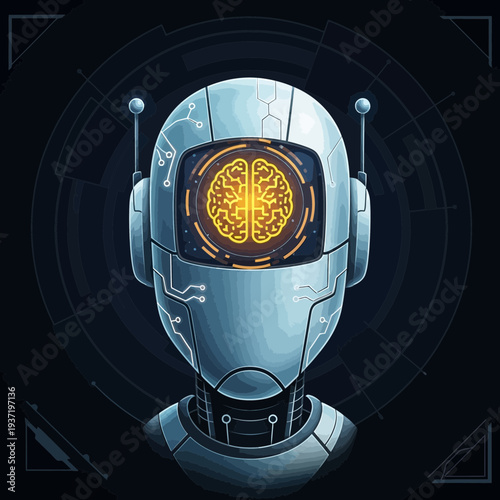 Front View of a Robot Head Displaying a Glowing Orange Brain - AI and Future Tech Symbol