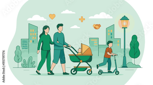 Happy family with two children enjoying a walk in the city park