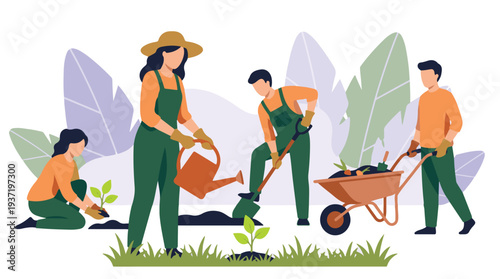 Group of people planting, watering, and cultivating a garden