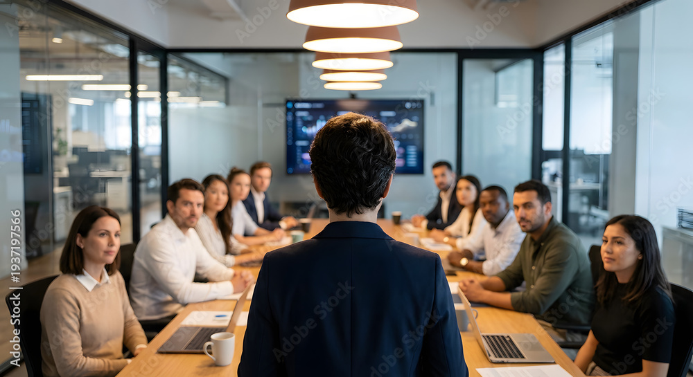 Fototapeta premium rear view of business leader giving presentation to diverse team of professional colleagues sitting at boardroom table in modern office for corporate strategy and teamwork success