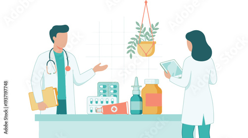 Healthcare professionals discussing medications and patient care in a clinic