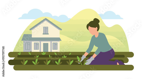 Woman gardening and planting seedlings in her home garden illustration