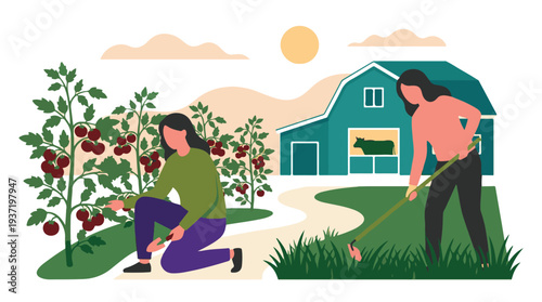 Women farming and gardening, harvesting tomatoes and tilling soil.