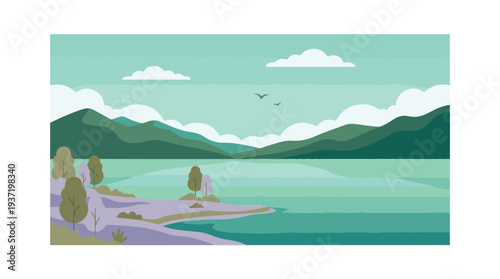 Flat vector illustration of a serene lake landscape with mountains, trees, and sky