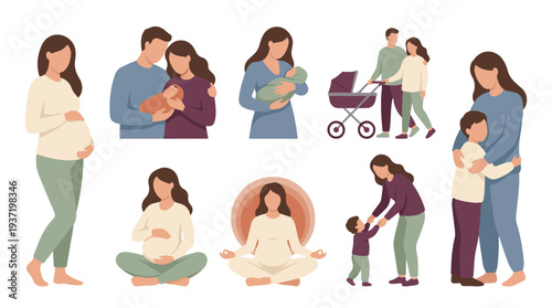 Flat vector illustrations of pregnancy, motherhood, and family stages