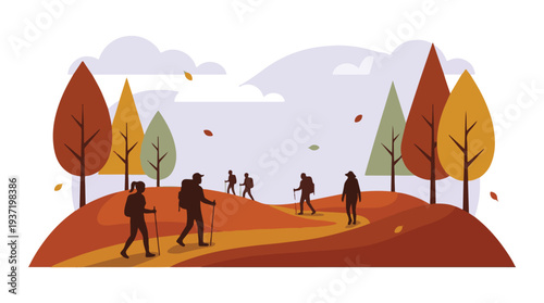 Hikers on an autumn trail surrounded by colorful fall foliage