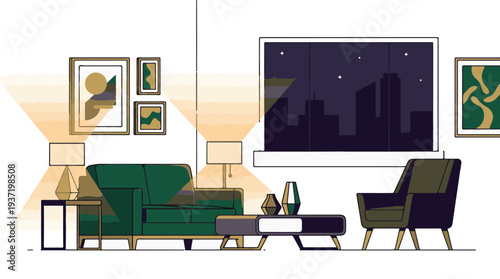 Modern living room interior with green sofa, warm lighting, and night city view