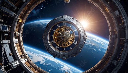 Intricate clock hovers over Earth, viewed through a spaceship window, sun flares in the background, cool tone, futuristic