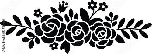 Decorative rose floral arrangement silhouette vector, botanical flower bouquet border illustration, elegant garden blossom design element