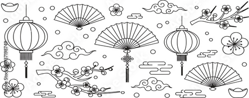 Traditional Chinese fan and lantern illustrations with floral elements