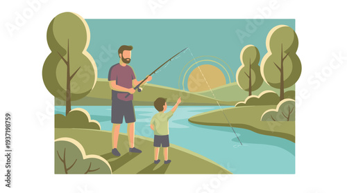 Father and son fishing by a river at sunset, flat style illustration