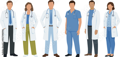 Doctors and medical staff team wearing lab coats and scrubs with stethoscopes, healthcare professionals group standing, hospital workers vector illustration