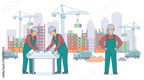 Construction workers reviewing plans at a busy building site with cranes