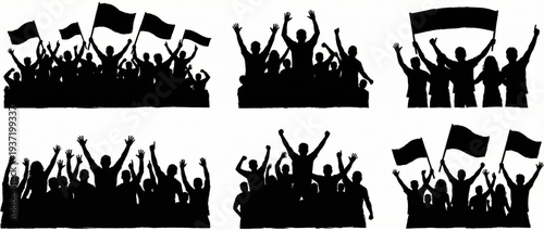 Silhouetted Crowd of People Cheering and Holding Flags During a Demonstration or Celebration