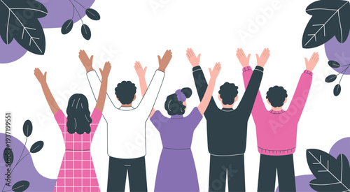 Group of people raising hands illustration, teamwork celebration and community support concept, diverse crowd unity vector background for social events