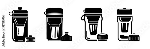 Set of four stylized black and white icons representing portable water filtration devices with caps