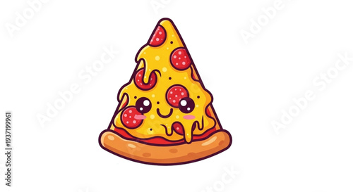 Cute Kawaii Pizza Slice Happy Face Pepperoni Cartoon Food Character Illustration